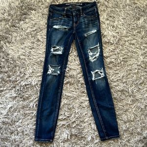 Dark wash, American Eagle Jeggings, Size 0, Super low rise, Short.